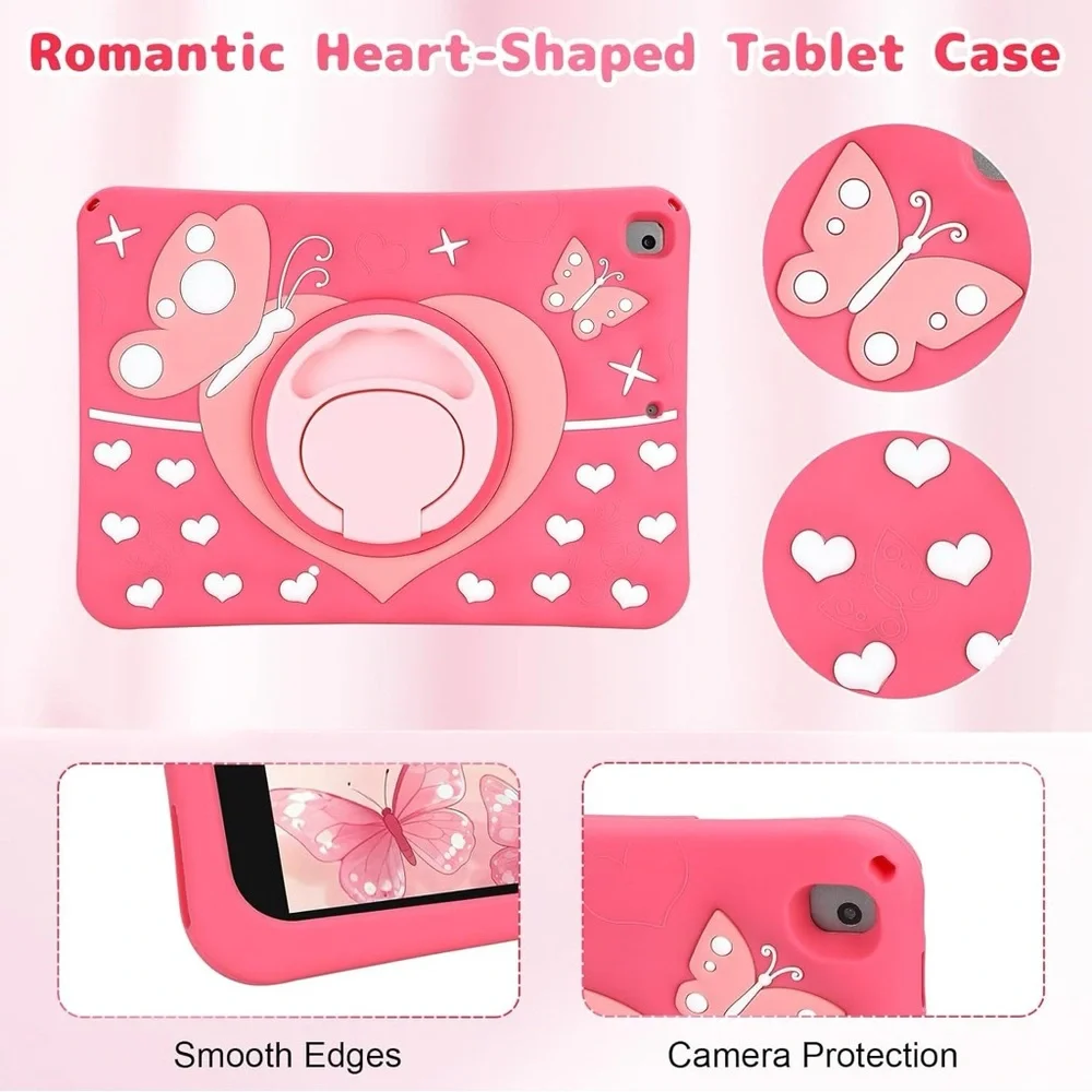 iPad 9th/8th/7th Gen 10.2 Case Kids Pink w/ Strap & Rotating Stand Silicone